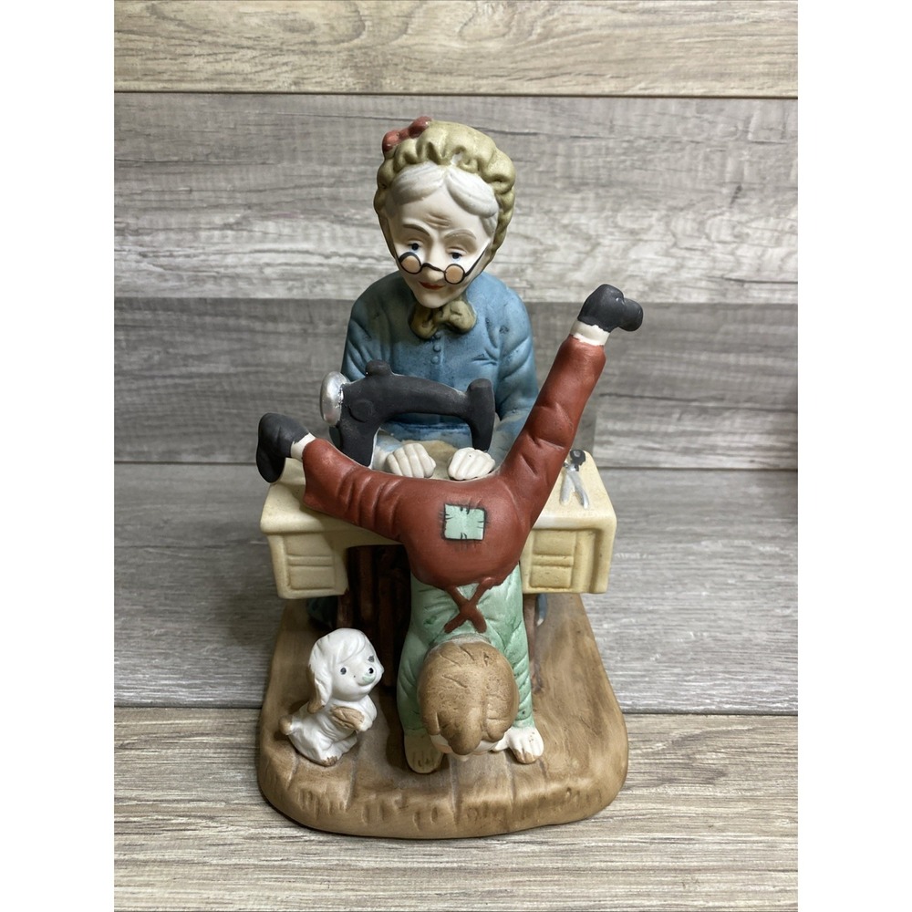 Vintage Porcelain Figurine Grandmother‎ Sewing Machine Boy Standing on Head Dog